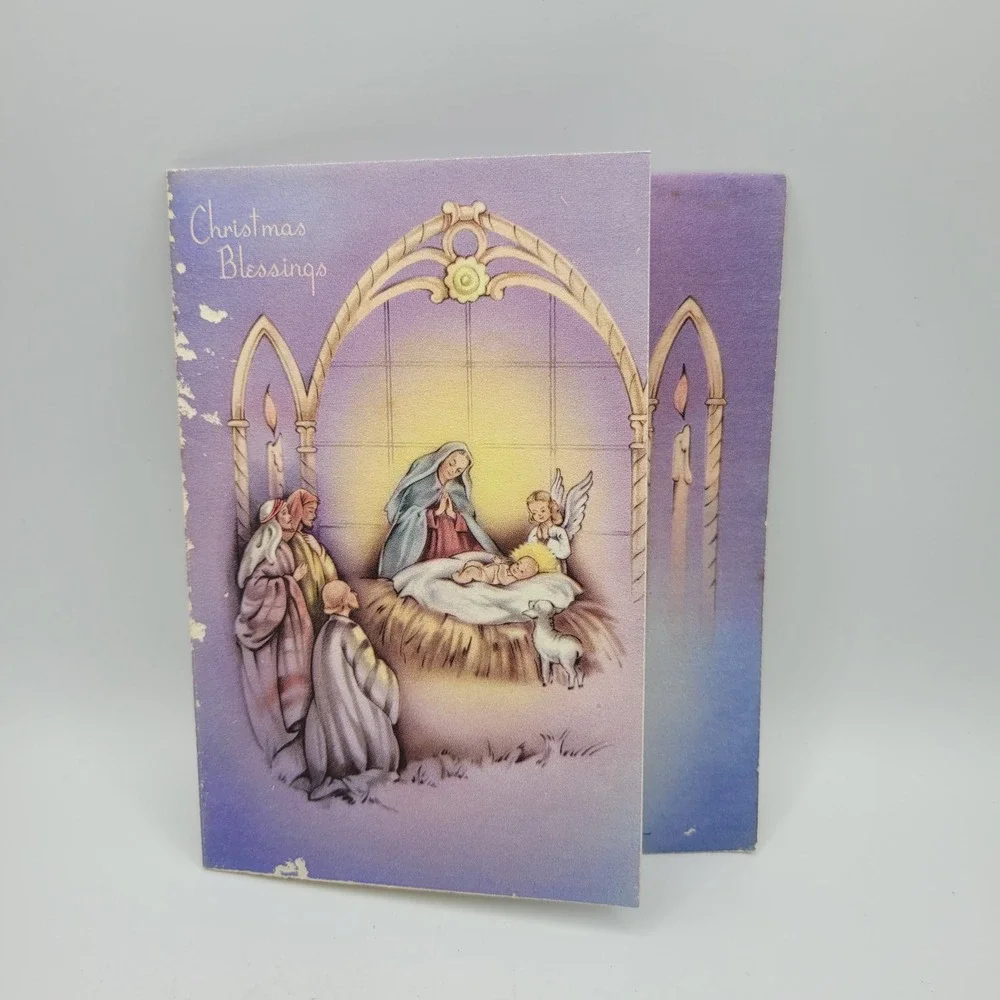 Vintage Christmas Card Nativity Scene Blessings‎ Forget Me Not P 5895 A